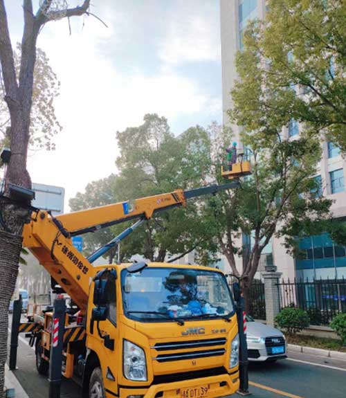 22米直臂升降车砍树，外墙维修施工现场